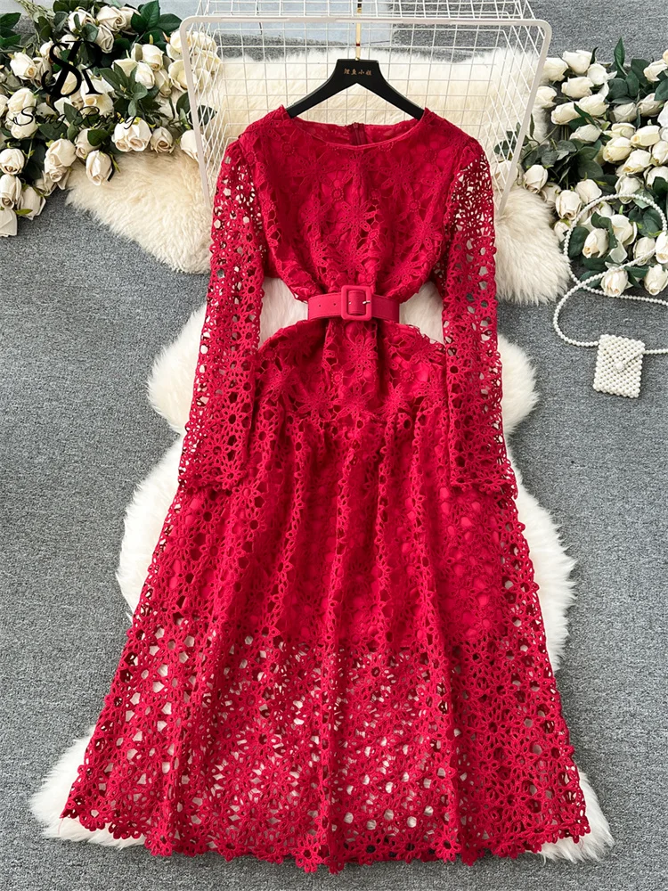Huibahe Senior Lace Long Dress 2024 New Style Hollow out Design Fashion Women O Neck Long Sleeve Slim Belt A-Line Party Dress