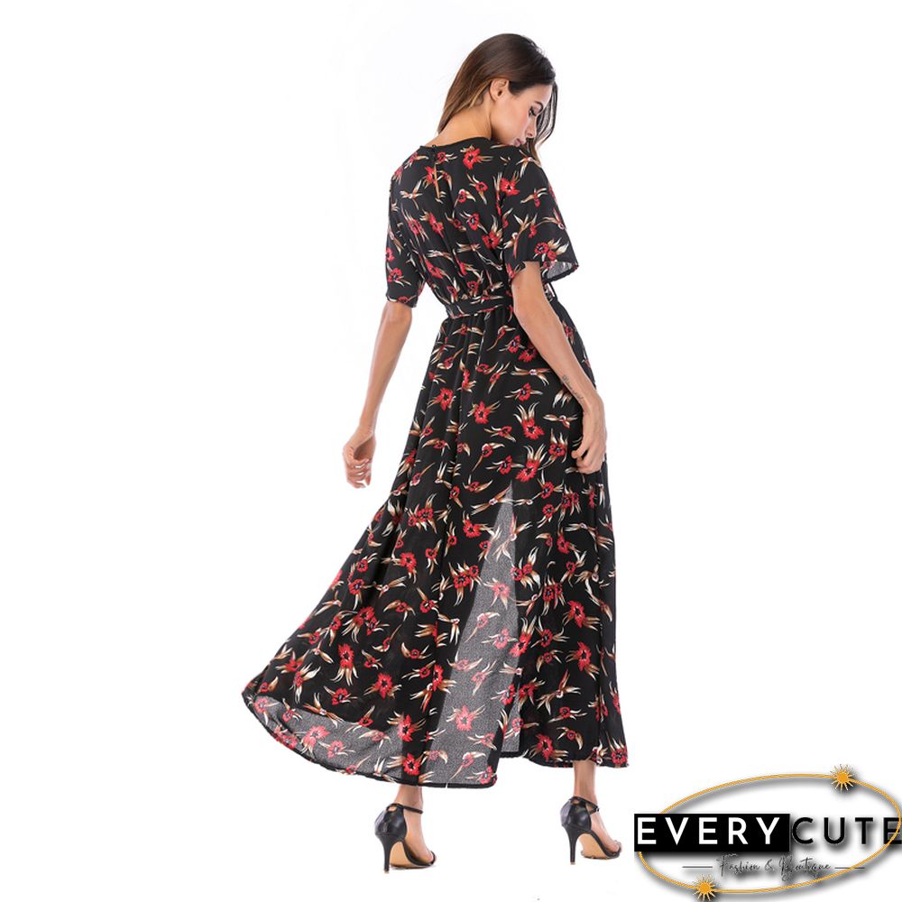 Rust Red Short Sleeve Foral Chiffon Boho Dress