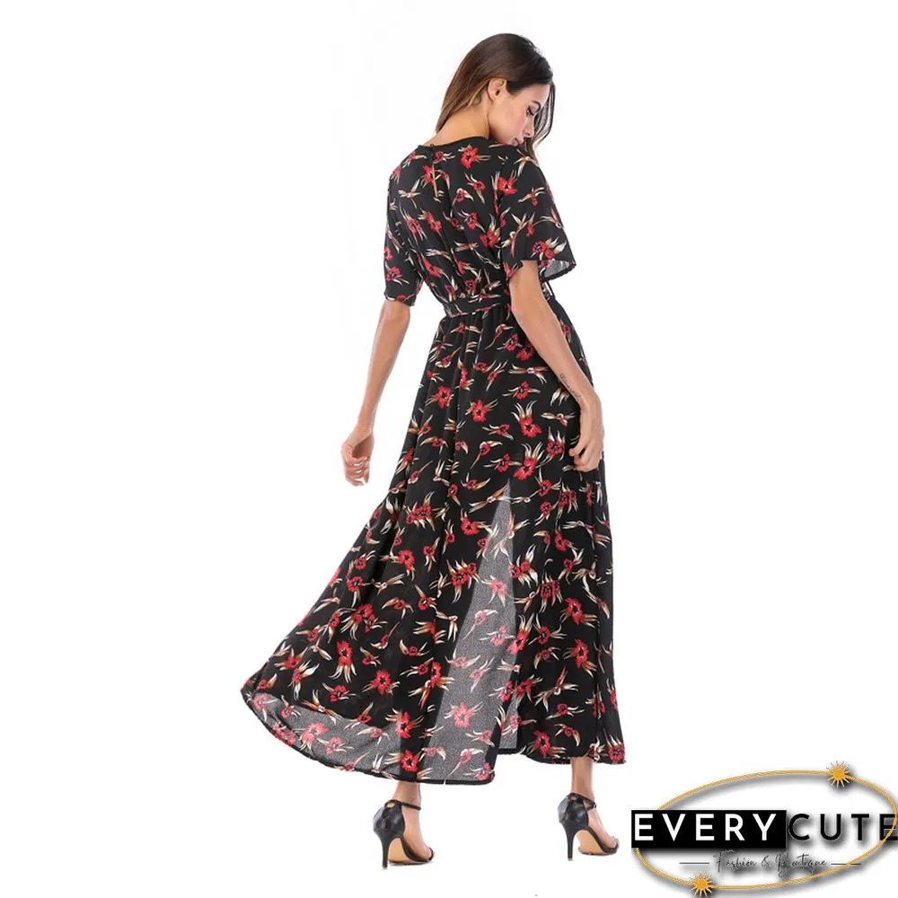 Rust Red Short Sleeve Foral Chiffon Boho Dress
