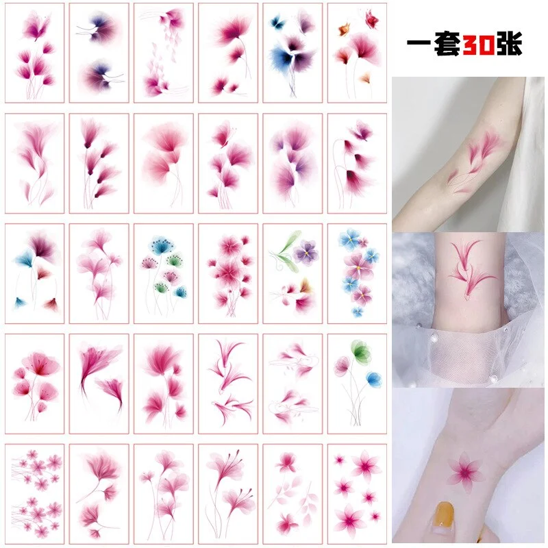 30pcs Pink Flower Waterproof Temporary Tattoo Stickers for Men Women Arm Body Wrist Neck Flash Decals Fake Tattos Feather Tatoos