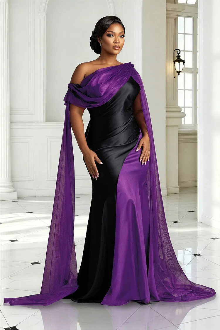 Xpluswear Design Plus Size Formal Organza Black Oblique Collar Draped Contrast Satin Maxi Dresses [Pre-Order] 2024 - Xpluswear