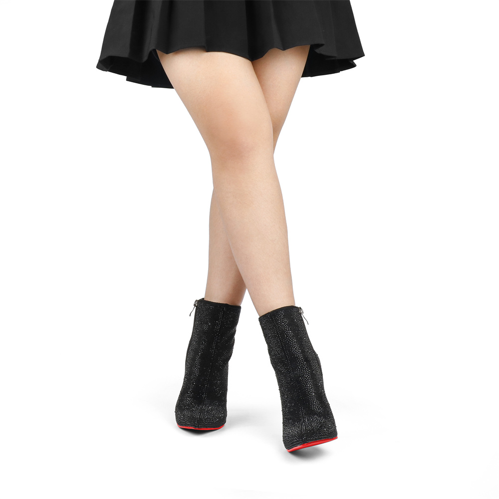 120mm Women's Ankle Boots Red Bottom Shoes With Rhinestone Closed Pointed Toe Stilettos Party Booties-MERUMOTE