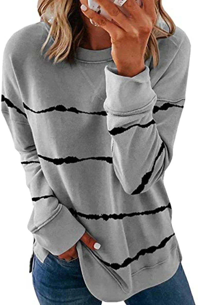 Brownm Tie-dyed Printed Striped Round Neck Loose Blouses