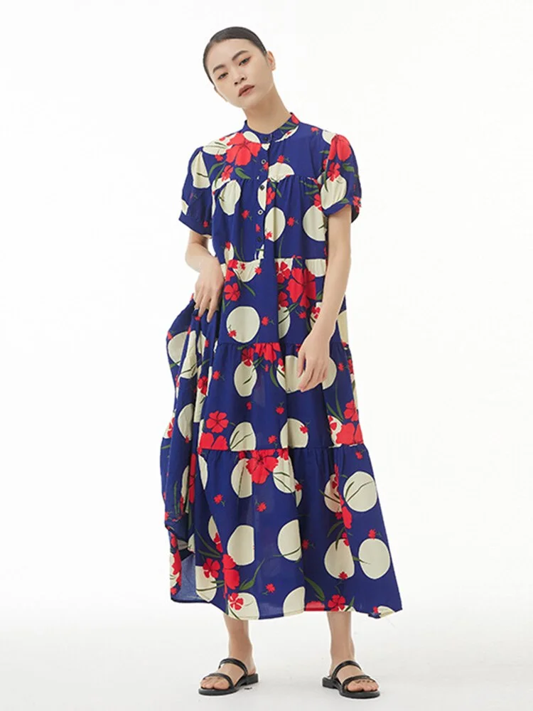 Vacation Loose Flower Printed Half Stand Collar Short Sleeve Dress      