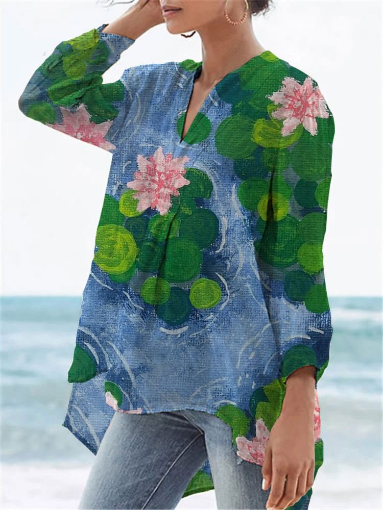 Women's  Flower Print Casual Linen V-neck Shirt