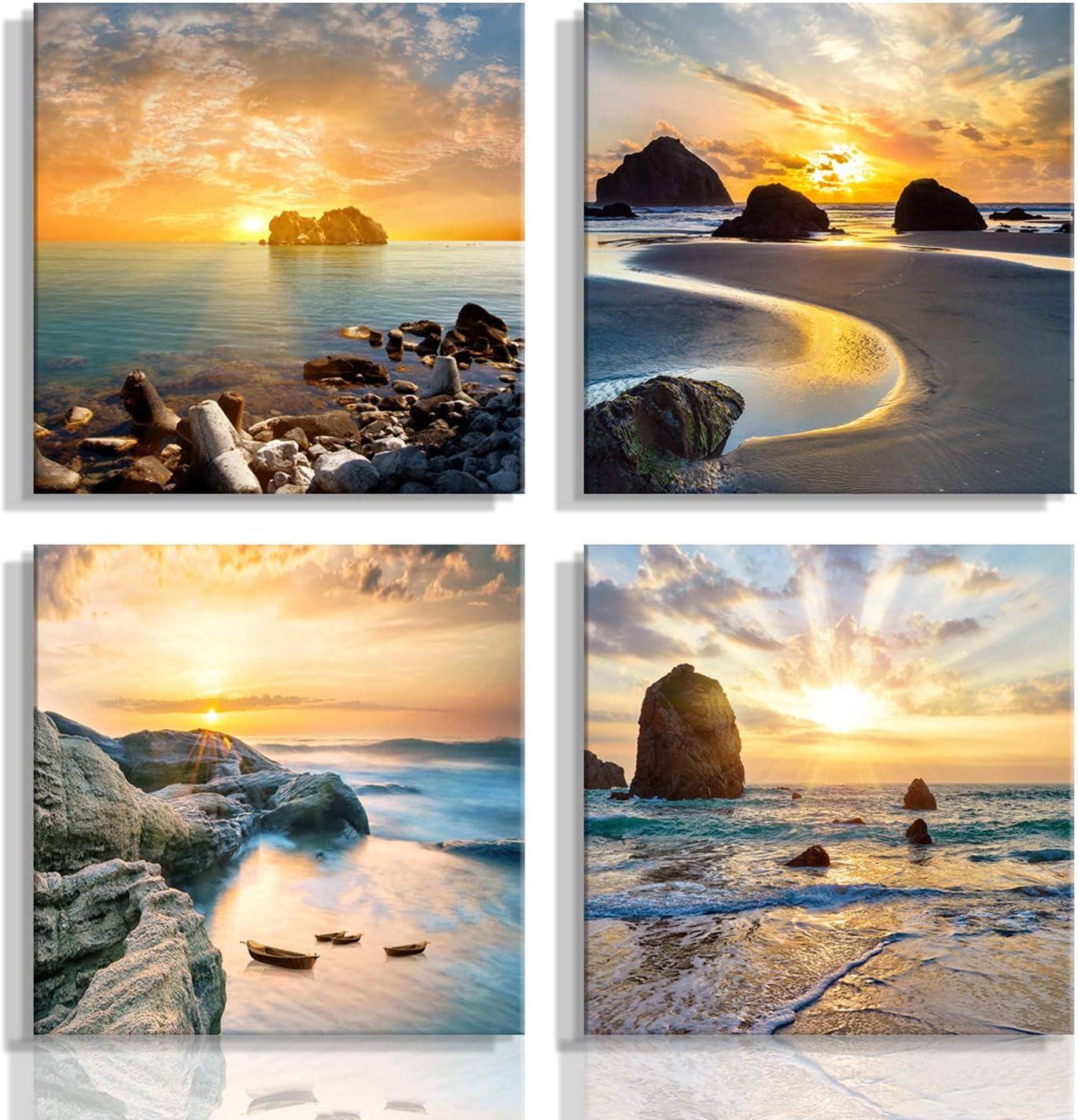Art Romantic Sea Water Sunset Print Decorative Beach Modern Seascape Paintings on Canvas Wall Artwork for Living Room Bedroom Home Office Decorations 4 Panels Stretched Canvas Prints (Seaview) Seaview