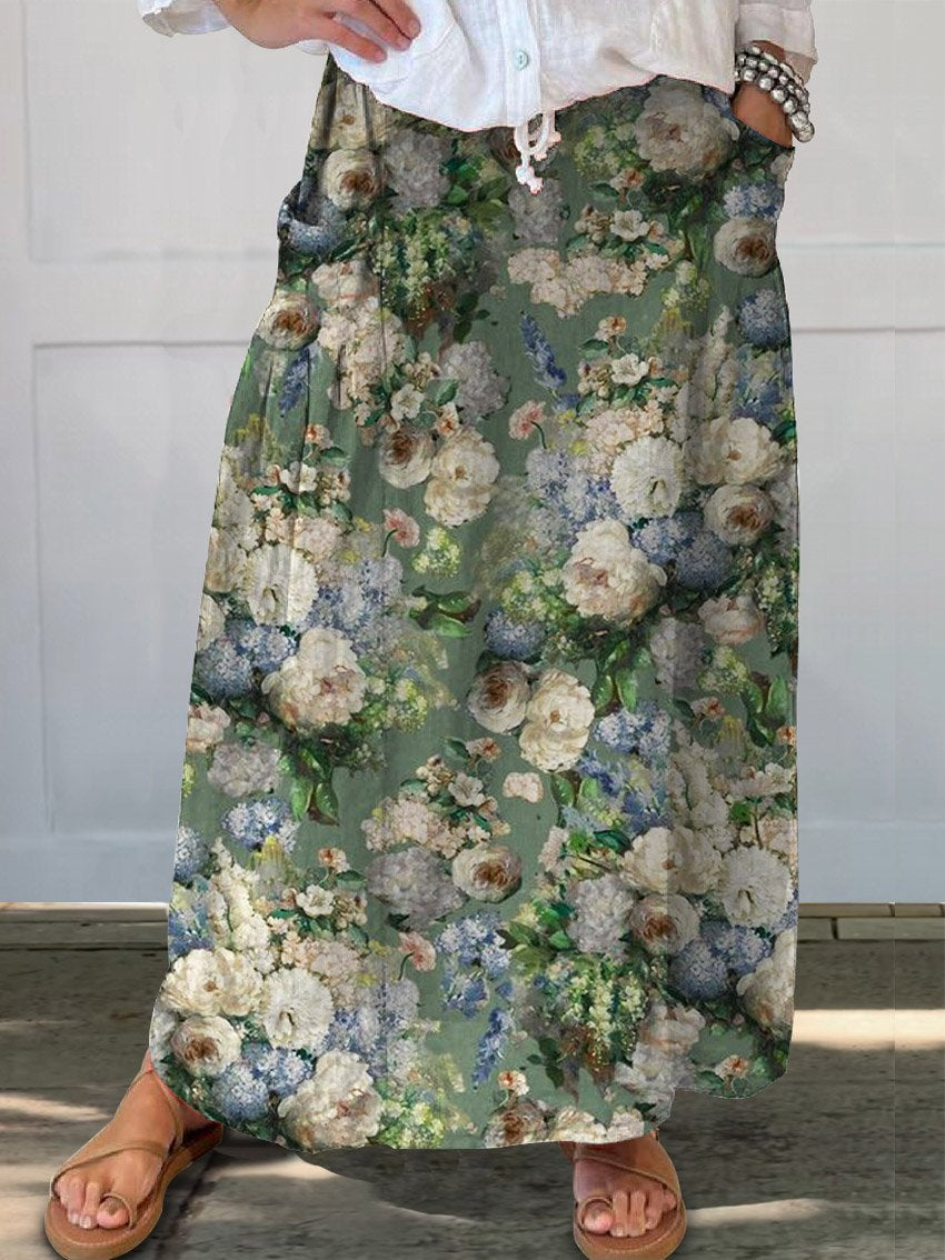 Women's Retro Floral Art Casual Linen Pocket Skirt