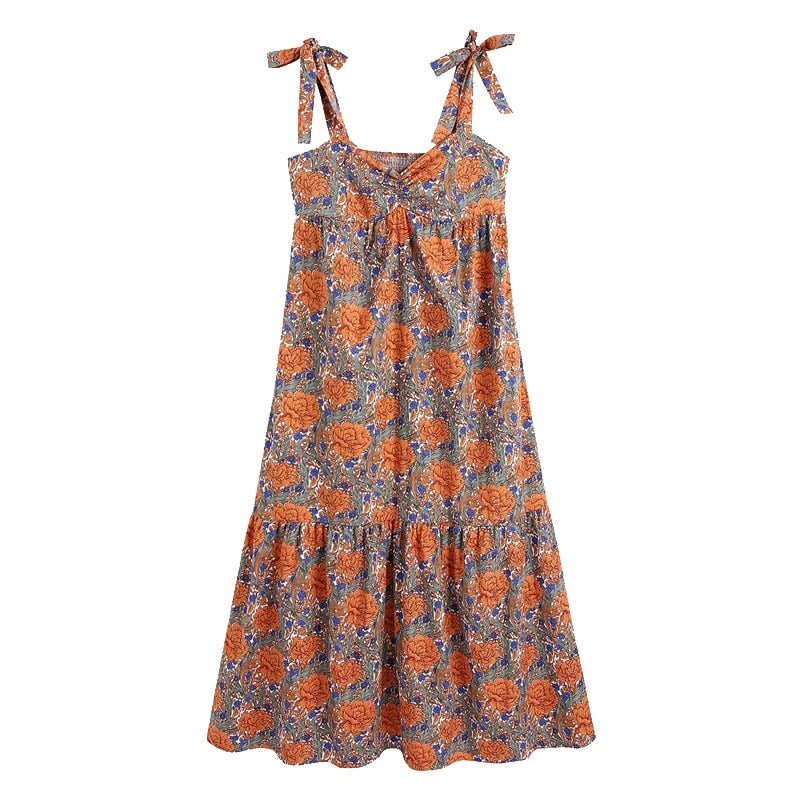 KPYTOMOA Women 2021 Chic Fashion Floral Print Ruffled Midi Dress Vintage Wide Straps With Tied Side Zipper Female Dresses Mujer
