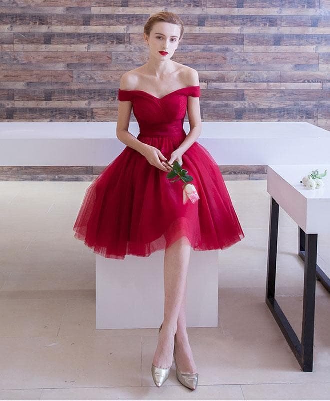 Simple Burgundy Tulle Short Prom Dress, Homecoming Dress