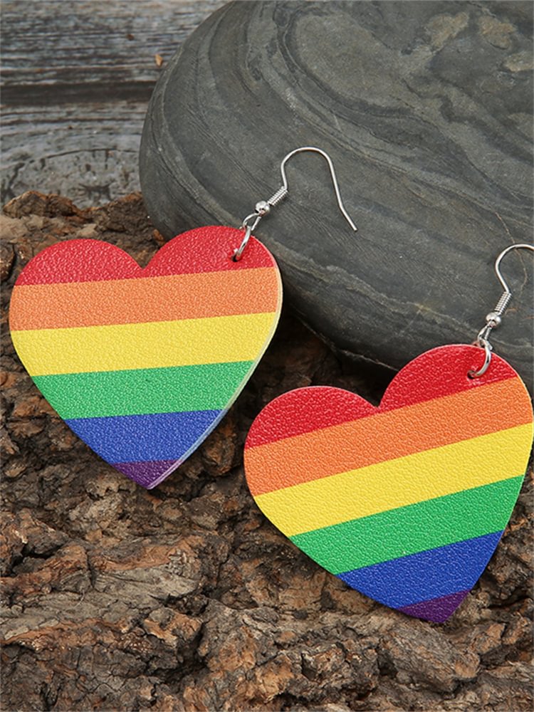 Rainbow  Stripe Heart Leather Earrings