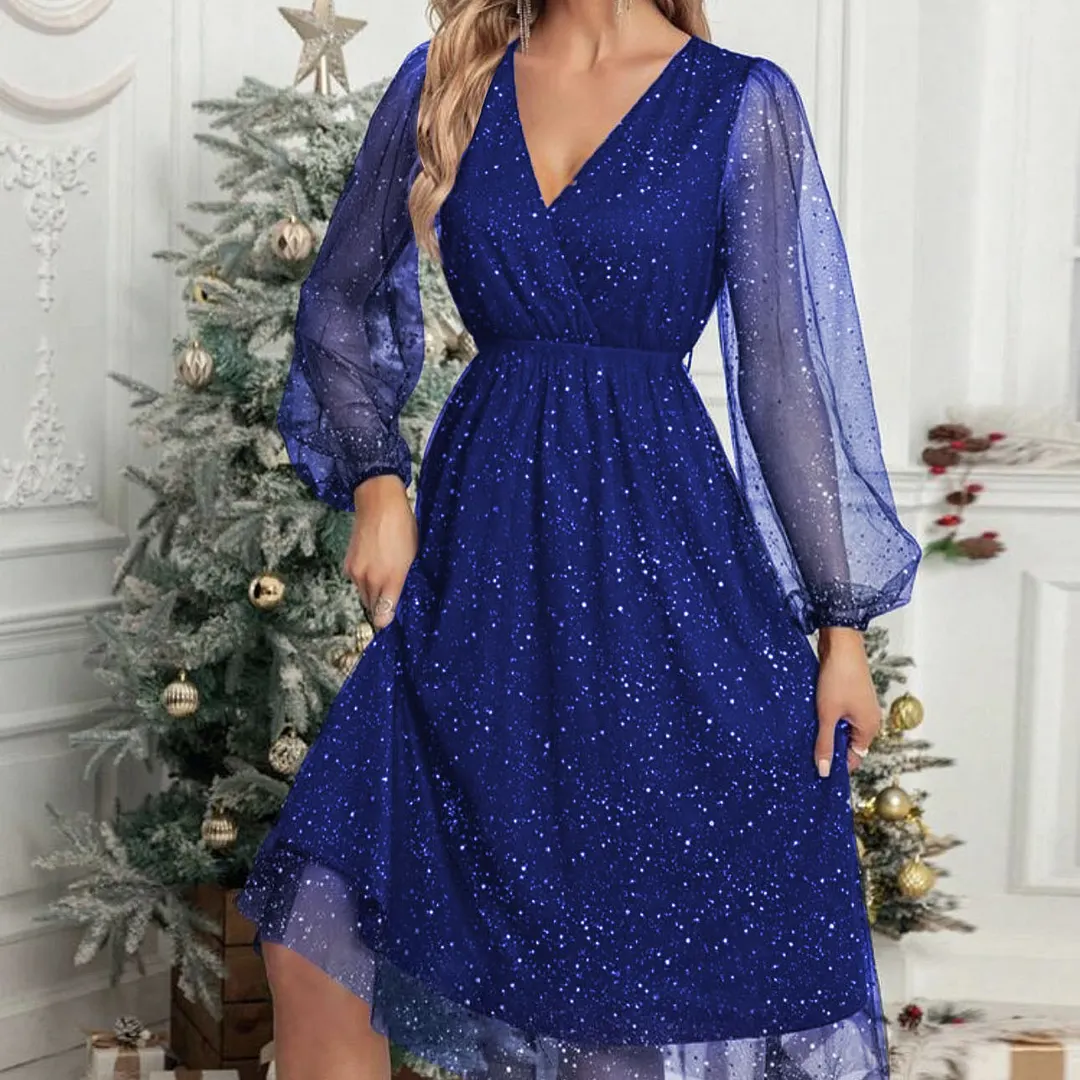 Churchf Churchf New V-Collar Elegant Slim Solid Color Stitching Mesh Perspective Sprinkling Powder Dress Female