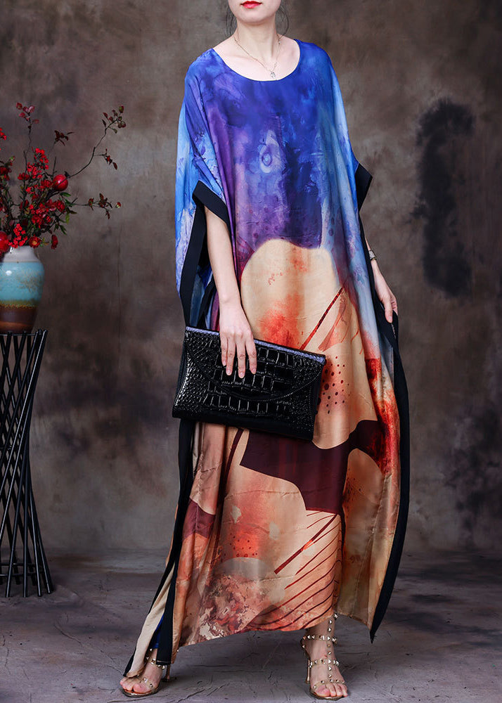 VCSHOES Loose Blue O-Neck Asymmetrical Print Silk Vacation Dress For Women Batwing Sleeve