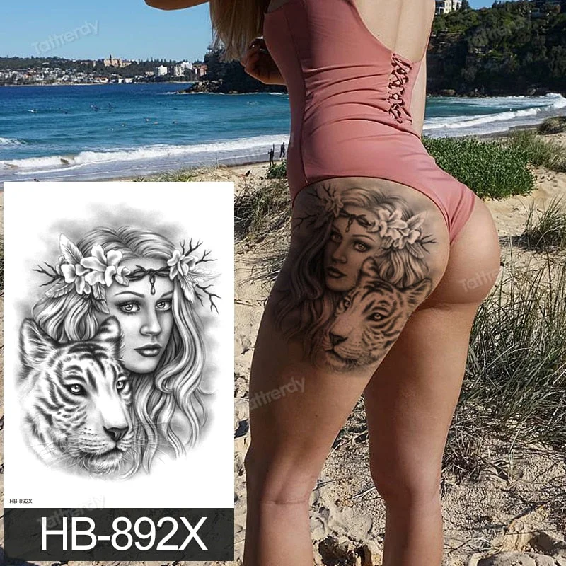 big tattoo anime tiger lion king head thigh leg temporary tattoo for women girls beauty sexy body art sticker tattoos waterproof