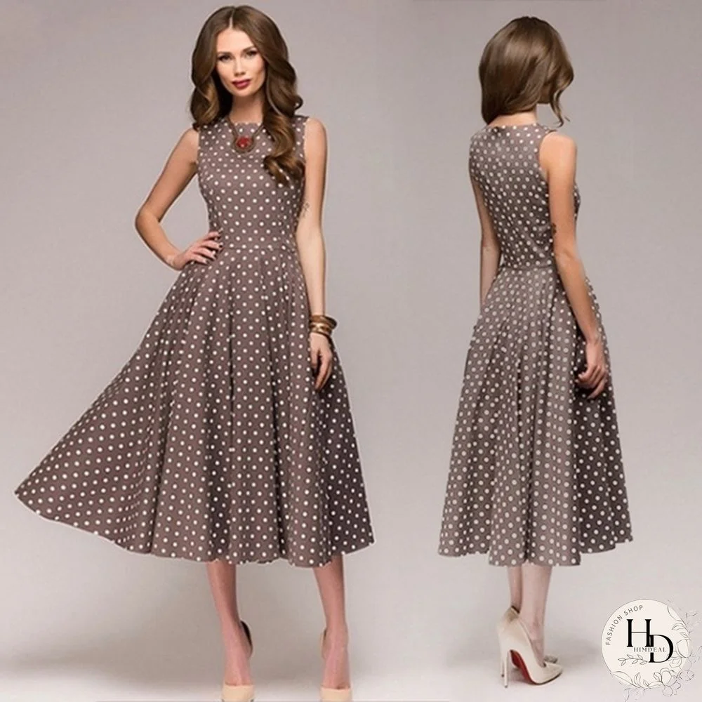 Vintage Polka Dot Swing Party Dresses Women Sleeveless O-neck Elegant Dress Casual Boho Midi Dress