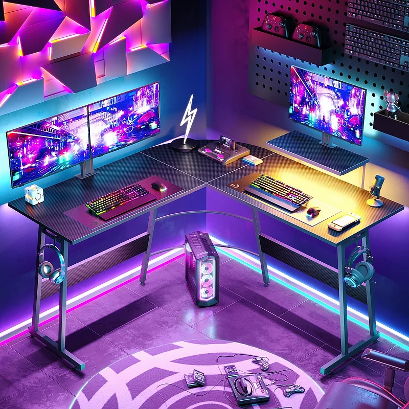 Bestier 52 inch Gaming Computer Desk with LED Lights & Shelves Pink