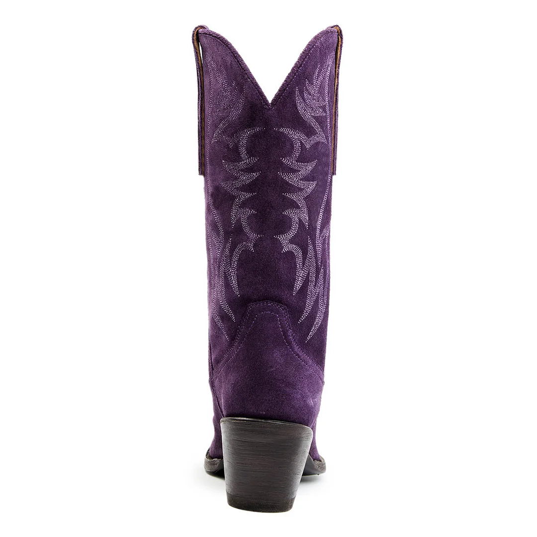 Purple Vegan Suede Embroidered Pointed Toe Western Boots for Women