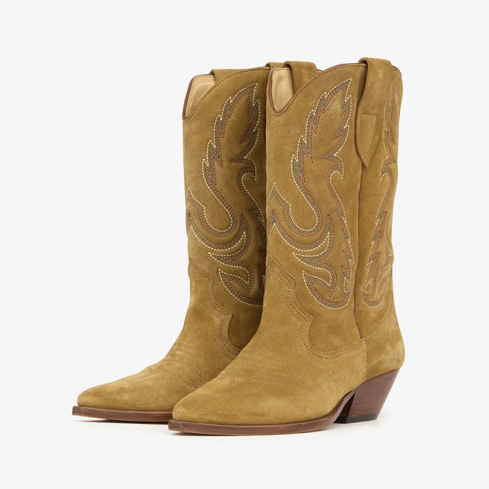Tan Pointed Toe Chunky Heel Cowgirl Boots with Embroidered