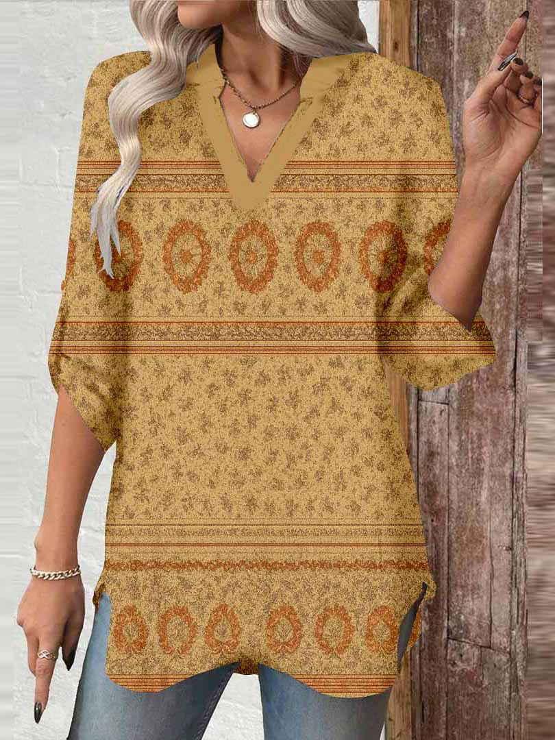 Women Retro, Khaki DZGA0335 3/4 Sleeve V-neck Printed Graphic Button Tops