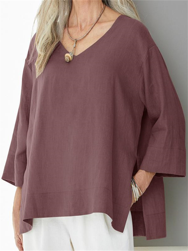Women's V-neck Cotton Shirt Blouse Seven-quarter Sleeve Side Slit Loose Large Size T-shirt
