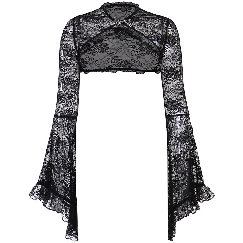 Ueong Summer New 2024 Women's Horn Loose Sleeves Sexy Lace Hollowed-Out Buckle Blouse Girl