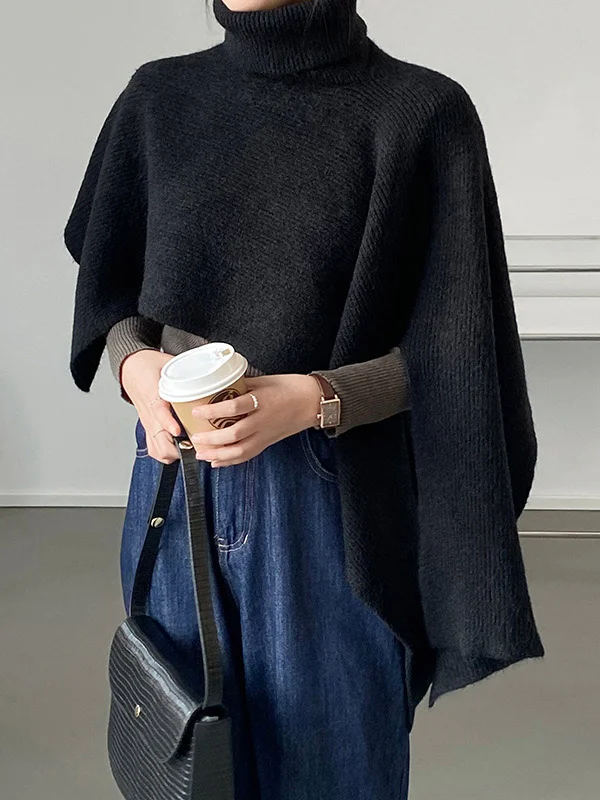 Stylish Loose Asymmetric Split-Joint Solid Color High-Neck Cape