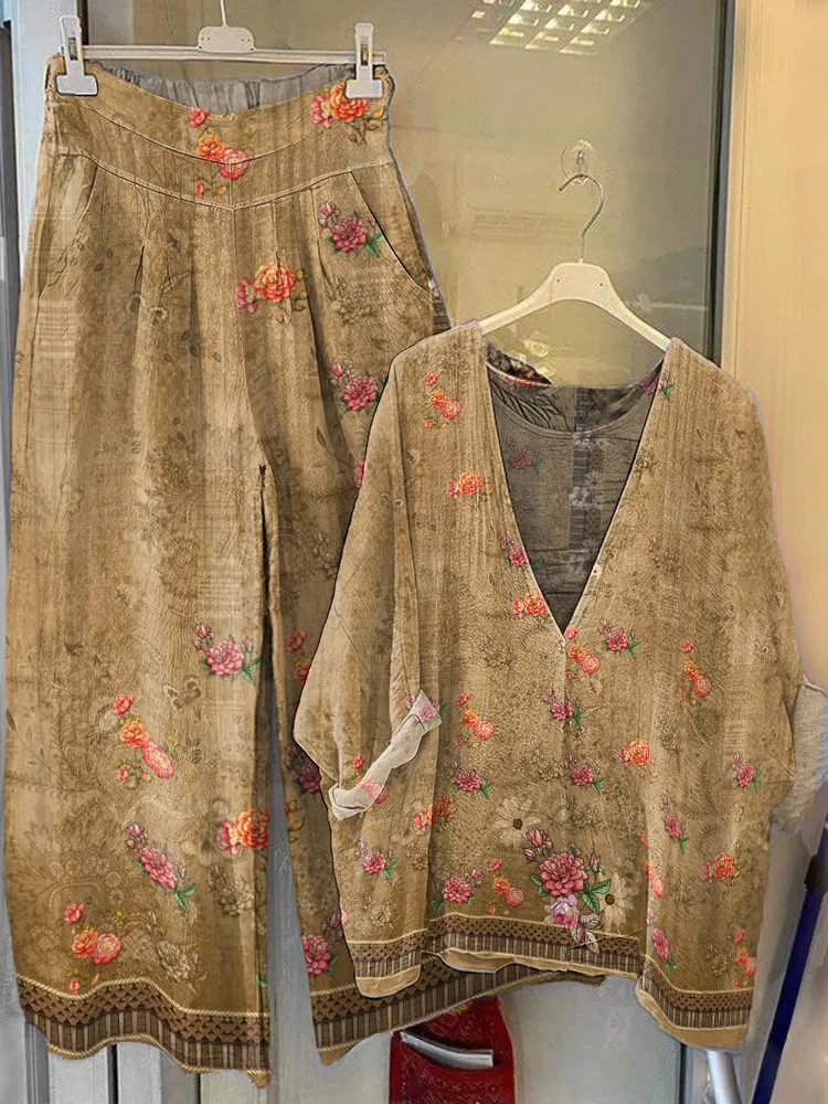 Women's Artistic Floral Ethnic Retro Printed Cotton and Linen Suit