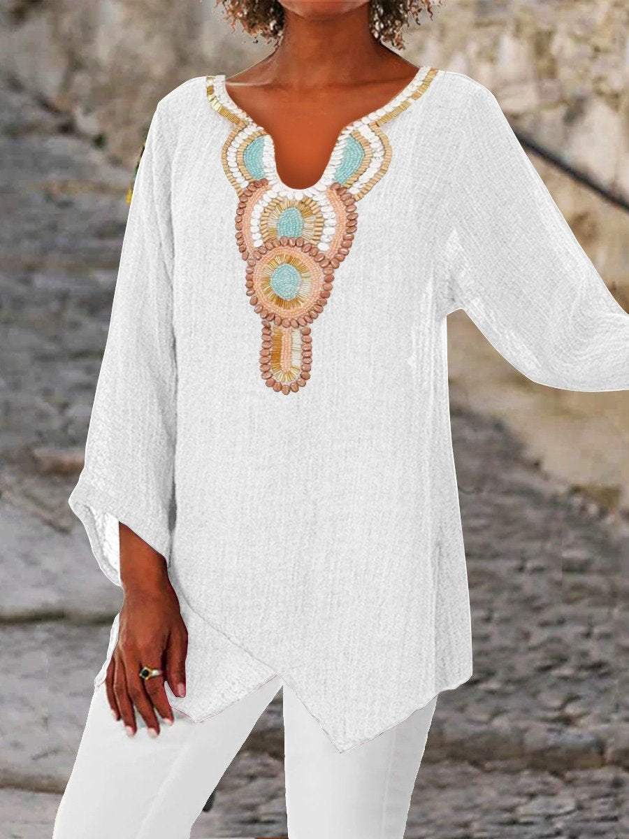 Women&rsquo;s Ethnic Art Neckline Design Casual Top Grey / S