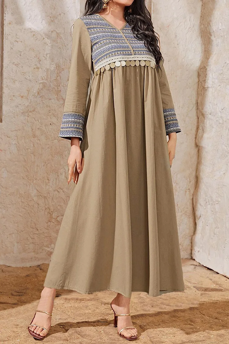 Disc Sequins Decor Patchwork V Neck Long Sleeve Kaftan Midi Dresses