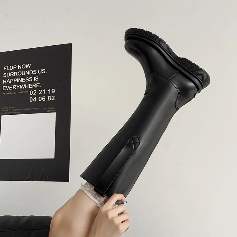 HKYX 2021 NEW Genuine Leather Mid Calf Boots Shoes Round Toe Thick Bottom Shoes Slip on Mixed Color Female Footwear Size 34-43