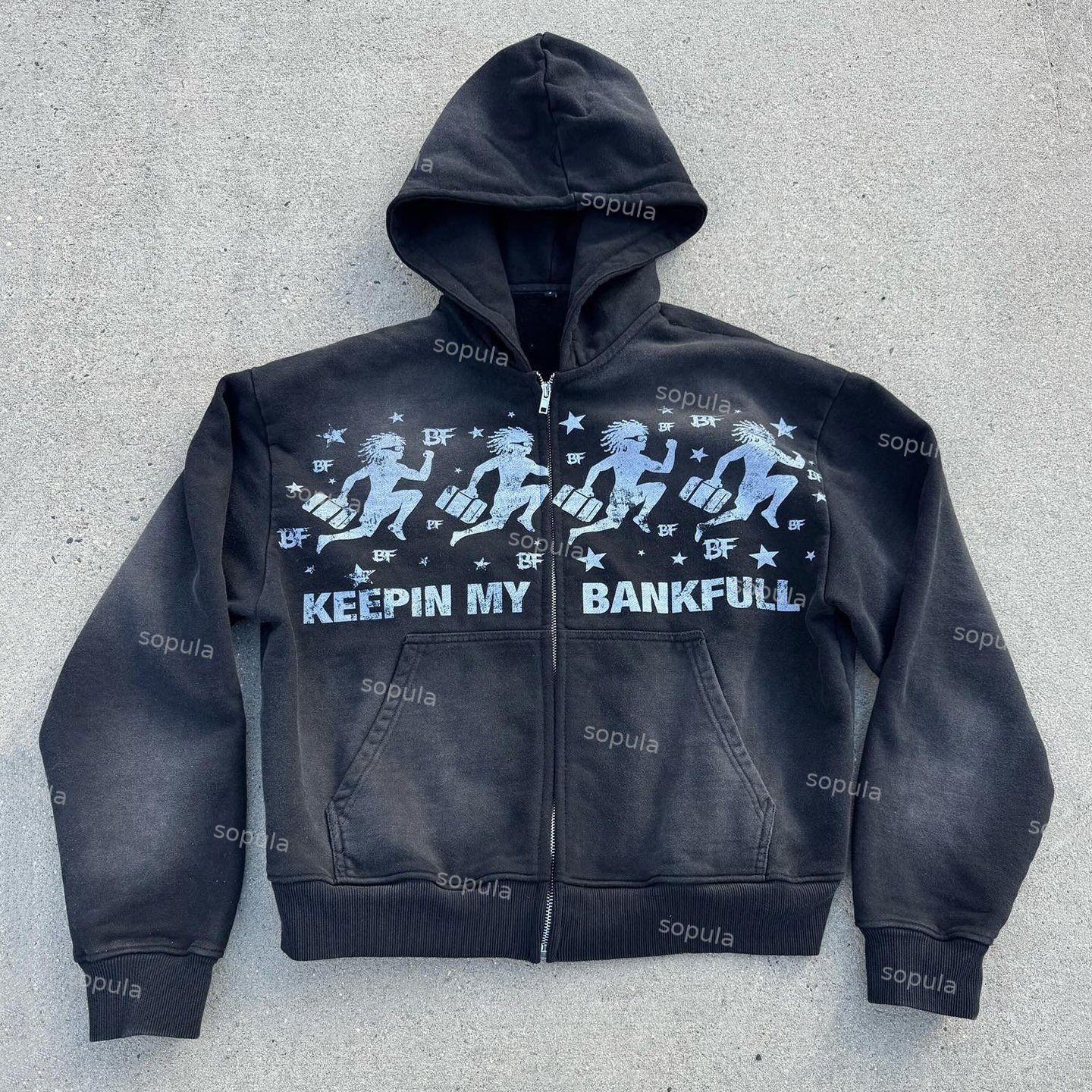 Sopula Vintage Keepin Bankfull Graphic Acid Washed Oversized Zip-up Hoodie - SOPULA