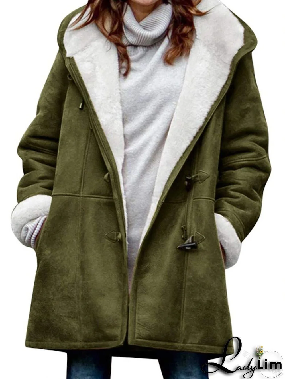 Daily Long Sleeve Plush Lined Toggle Buttons Hooded Coat