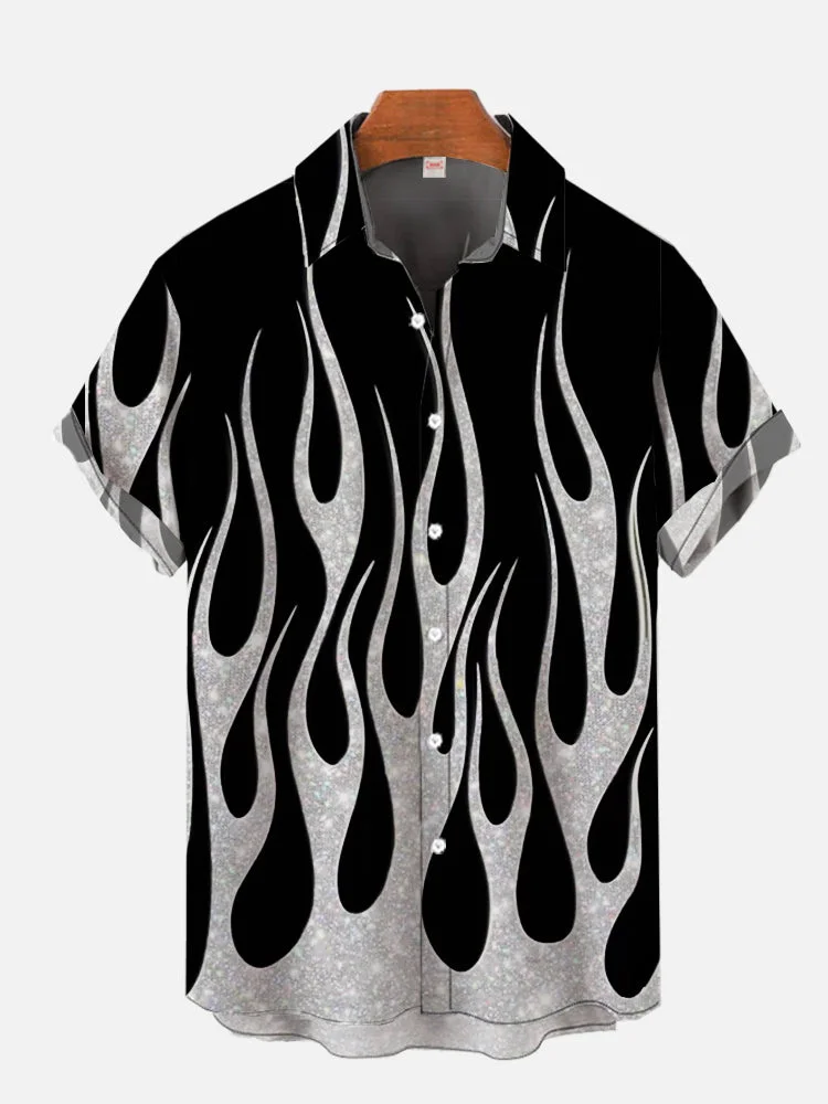 Black And Gray Burning Flame Printing Short Sleeve Shirt socialshop