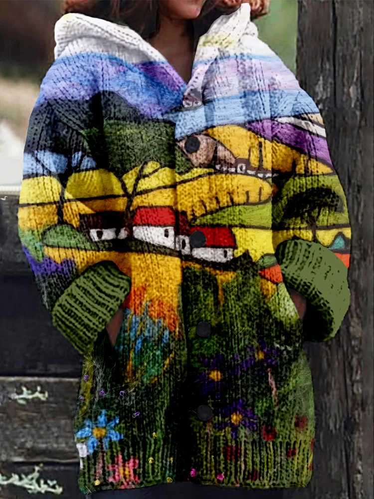 VChics Village Landscape Felt Art Pattern Cozy Hooded Cardigan