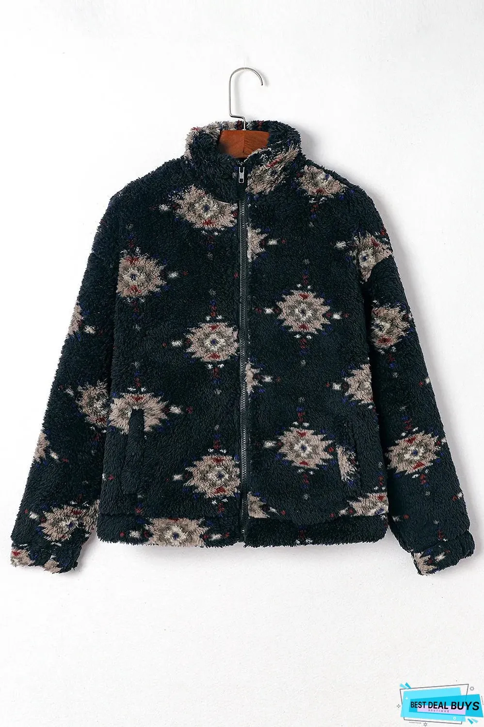 Black Aztec Pattern Zipper Collared Sherpa Jacket