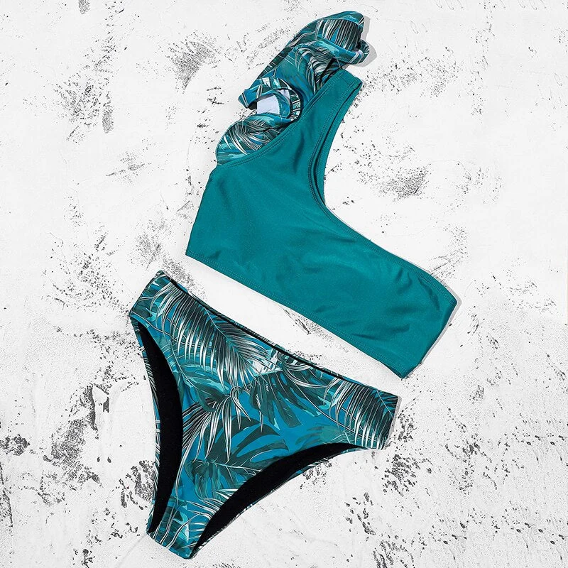 ZTVitality Ruffles One Shoulder Sexy Bikinis 2020 New Arrival Padded Leaves Swimsuit High Waist Swimwear Women Brazilian Bikini