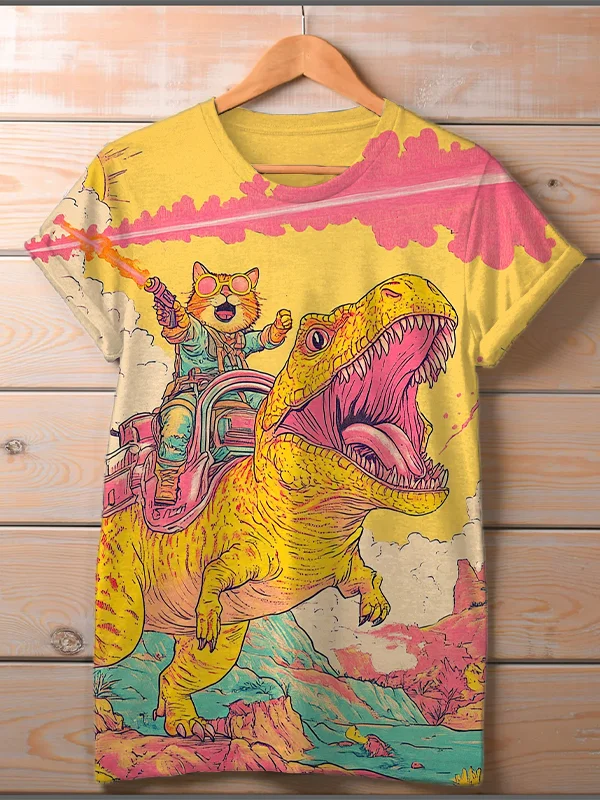 Women's Cat And Dinosaur Fantasy Art Print Casual T-Shirt