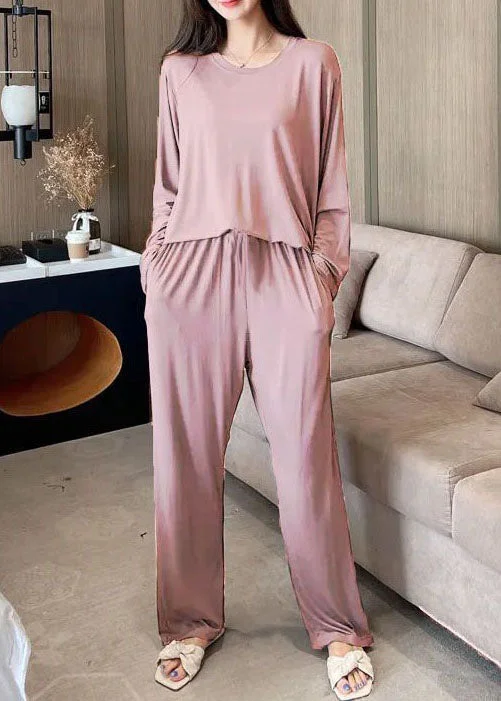 Organic Pink O-Neck Patchwork Cotton Pajamas Two Pieces Set Long Sleeve