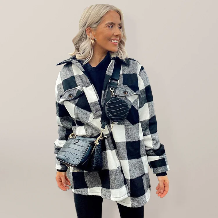 Women's Check Print Long Sleeve Casual Jacket Flusfy