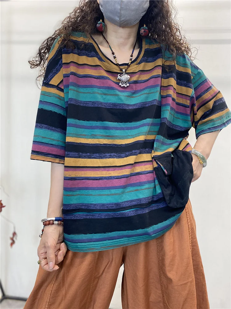 Summer Women Retro Colorful Stripe Pokcet Loose Cotton Shirt