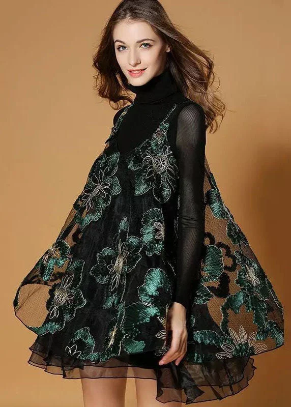 Beautiful Black Turtle Neck Embroideried Organza Two-Piece Set Spring