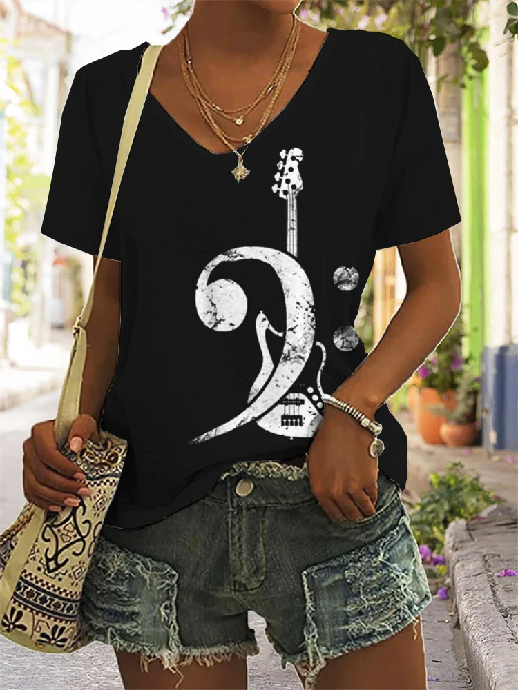 Bass Clef Bass Guitar V Neck Casual T Shirt