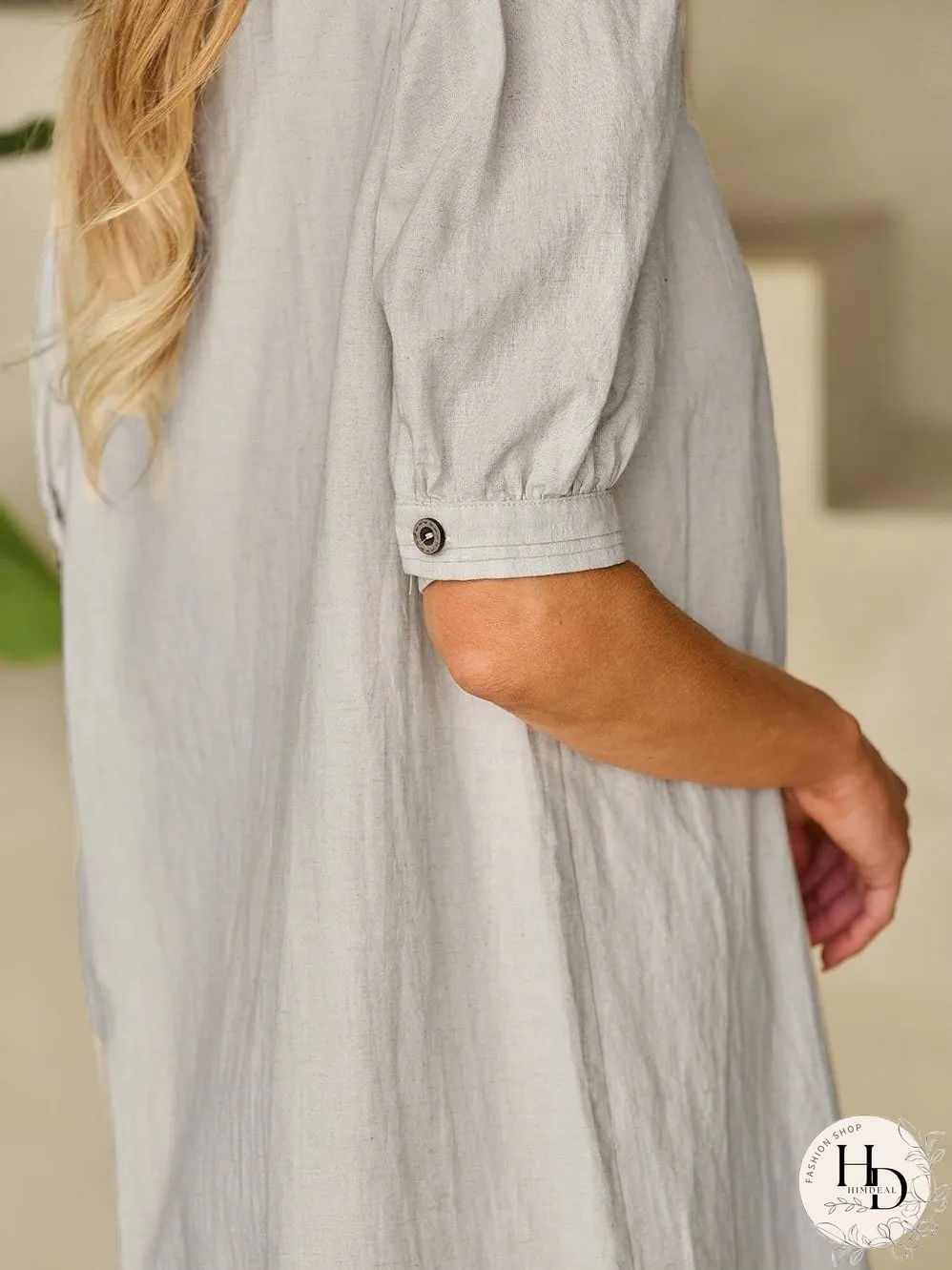 Elegant Beige Bubble Sleeve V-Neck Short Shift Dress