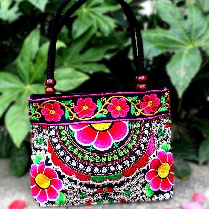 Sun Flower Embroidery Ethnic Travel Women Shoulder Bags Handmade Canvas Wood Beads Handbag