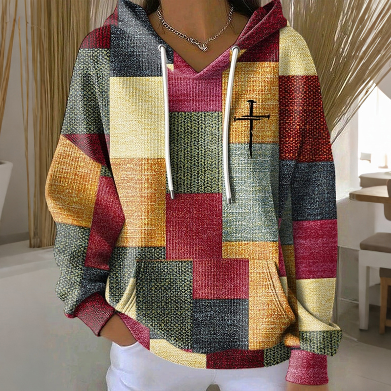 Women's Retro Geometric Faith Print Long Sleeve Casual Hoodie wearshes