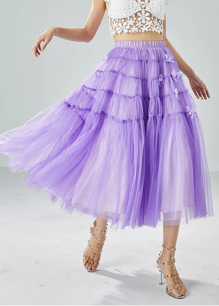 Beautiful Purple Wrinkled Patchwork Pearl Tulle Skirts Summer