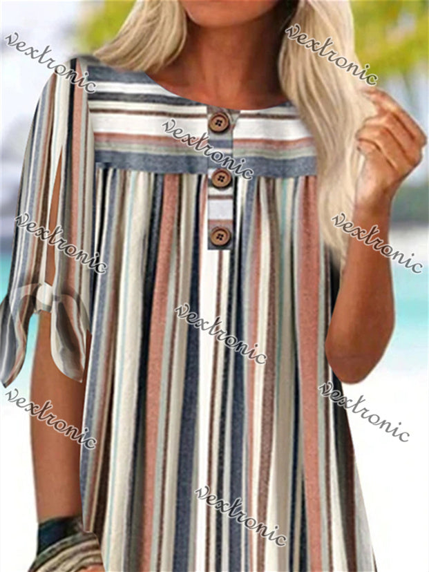 Women Half Sleeve V-neck Solid Color Dress