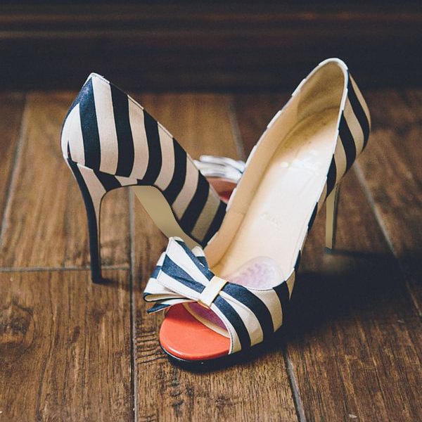 Navy and White Stiletto Heels Peep Toe Pumps with Cute Bow |FSJ Shoes