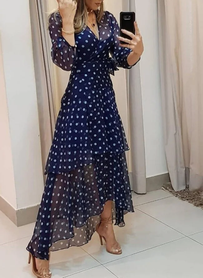 Ueong Women's Wear Spring And Autumn Wave Point Irregular Printing V-Collar Long Dress Women's Spot