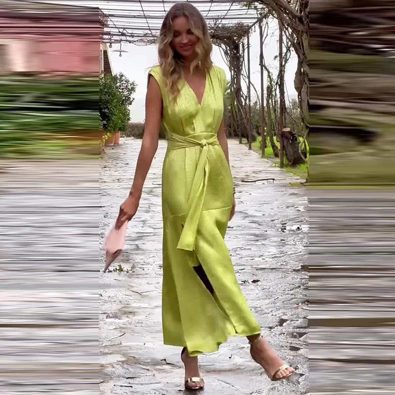 Toloer Toloer 2024 Summer New Women's Pure Desire Wind V-Neck Sleeveless Waist Elegant Dress-Outfit Ideas