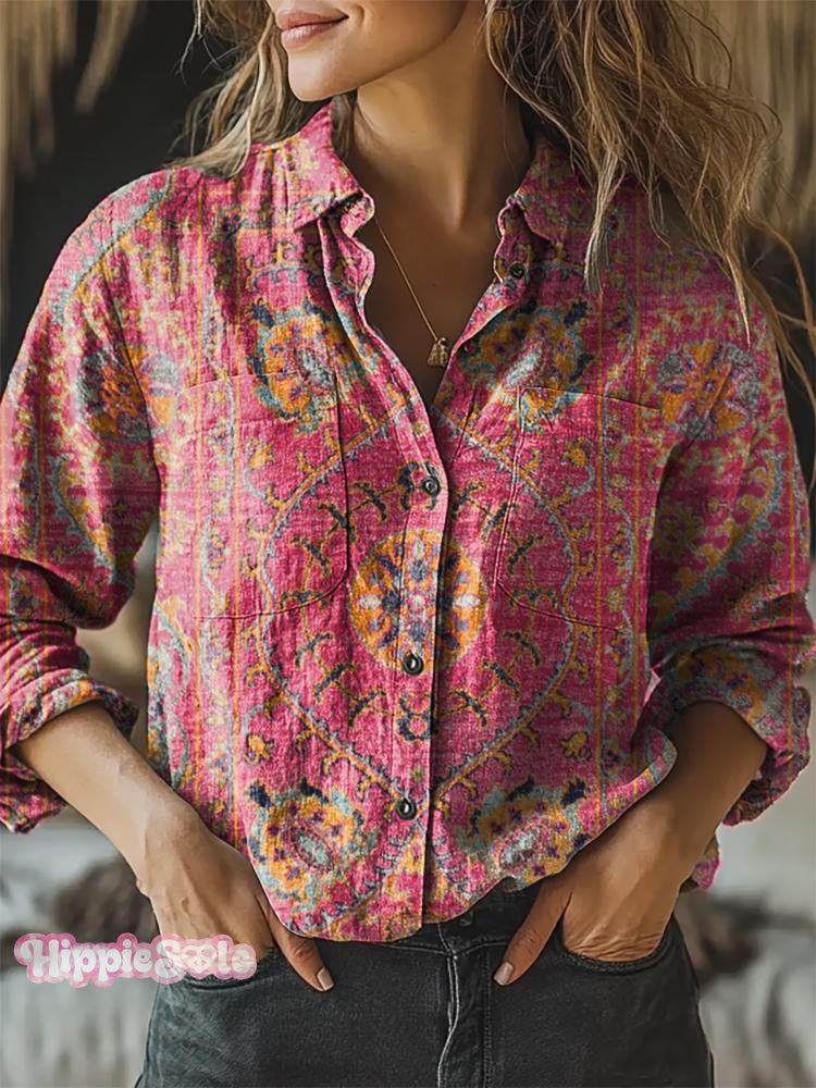 Women’s Retro Floral Totem Print Casual Long Sleeve Comfortable Cotton Shirt Multicolor / S